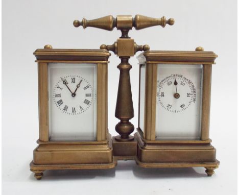 Double brass desk clock with carriage clock to one side and barometer to the other 