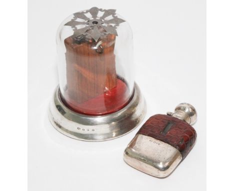 Early 20th century silver and brown crocodile skin hip flask with hinged lid, Chester 1911 10cm high and a silver based and g