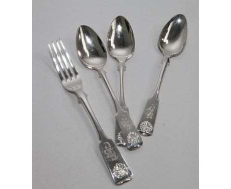 Thre 1960's silver dessert spoons, shell patterned handles engraved with initials.  London 1963 and a matching table fork.  7