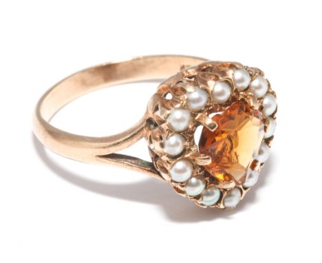 9ct gold heart shaped cultured pearl and citrine cluster ring, shank hallmarked 9ct. Ring size approx P  Citrine has chip at 