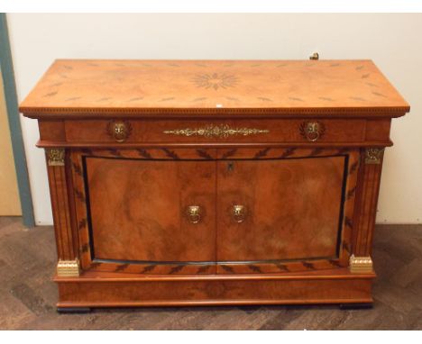 Reproduction yew wood highly polished Italian style sideboard with bow fronted drawers, one long drawer with gilt metal decor