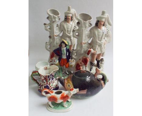 Pair of 19th century Staffordshire flat back figures, jugs, fish teapot etc.