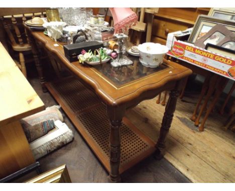 4' mahogany 2 tier side table with glass top and cane undertier 