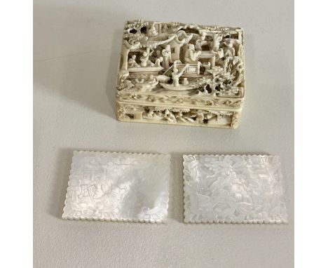 19th Century Carved Cantonese Gaming Token Box Fine carved details with 2 mother of Pearl Tokens box measures approx 55mm by4
