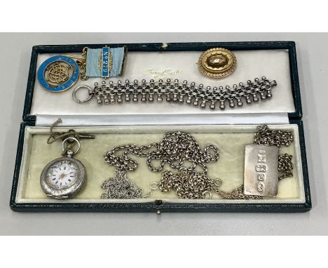 Selection of vintage and antique costume jewellery includes Silver fob watch masonic silver medal white metal chains etc  