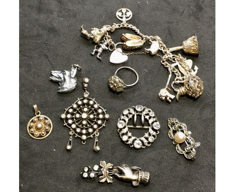 Selection of antique /vintage Silver jewellery includes Silver charm bracelet paste set pendant etc 