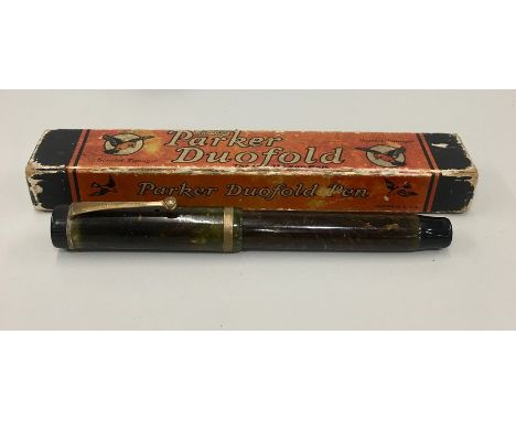 Vintage boxed parker Duofold 14ct gold nib fountain pen reads Geo s parker Lucky Curve Janes Ville Wis USA pat 4-25-11