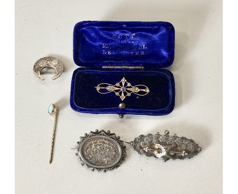 A selection of antique jewellery, to include a boxed 14ct Gold brooch, opal stick pin and 3 Victorian silver brooches.