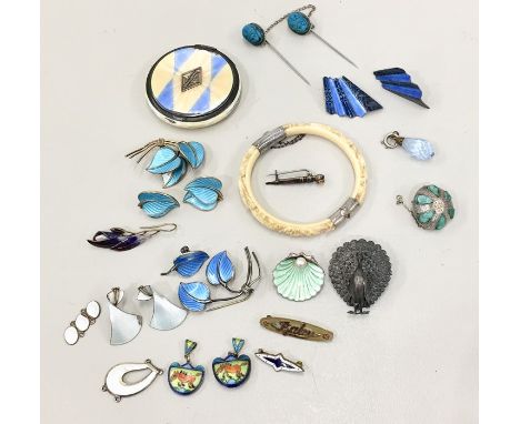 Selection of vintage Silver and enamel jewellery etc includes brooches earring and silver enamel pill box most have enamel da