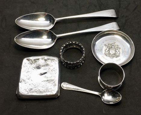 Selection of Silver item includes 2 Georgian Silver table spoons cigarette case etc total weight 320g