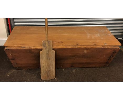 Vintage pine dough trough with dough paddle, approx measurements: Length 63 Inches, Height 19 Inches, Depth 25 Inches.