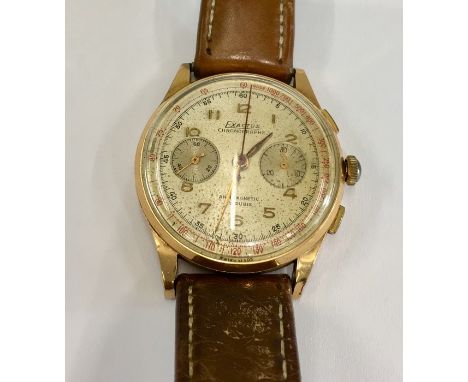 Vintage Gents 18ct gold chronograph wristwatch watch not ticking A/f  comes on old leather strap