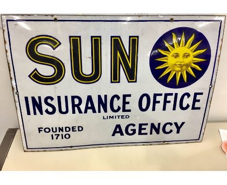 Vintage enamel sign sun insurance office limited agency measures apprx 20ins by 14ins 