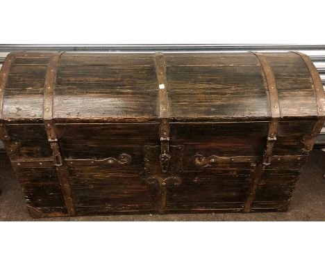 Large wooden dome topped trunk measures approx 51"Wide by 30" heigh by 27" diameter 