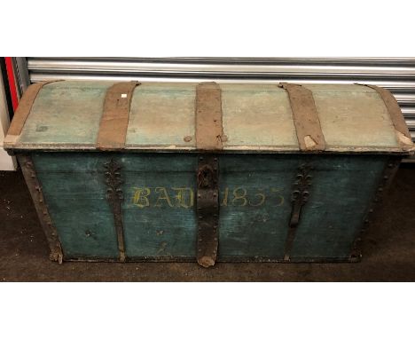 Dome Topped large painted trunk measures approx 22"heigh by 55"wide by 26"deep