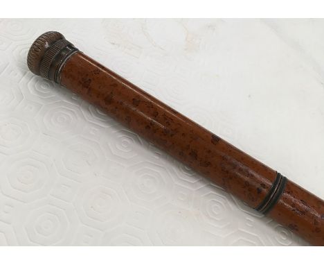 Walking stick with hidden flask; unscrews near top to reveal interior glass flask; copper cap and fitting; early 20th C.; App