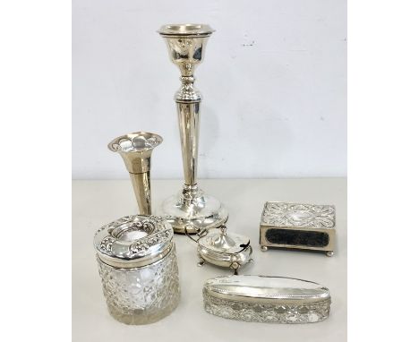 Collection of Silver items, to include Silver candlestick, trinket jars, mustard pot etc.