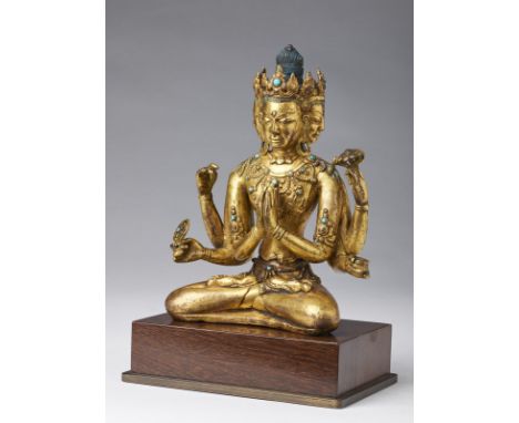 Himalayan Art A gilded bronze figure of Avalokitesvara Tibet, 15th-16th century . . Cm 13,00 x 18,00. Significant finely gild