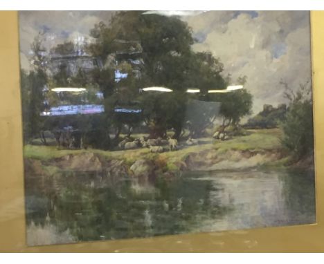 WATERCOLOUR OF SHEEP & RIVERBY W.H. WILKINSON