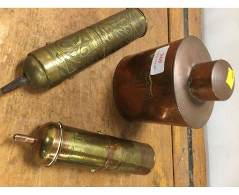 COPPER CADDY BY JS & S AND TWO BRASS SALT/PEPPER GRINDERS