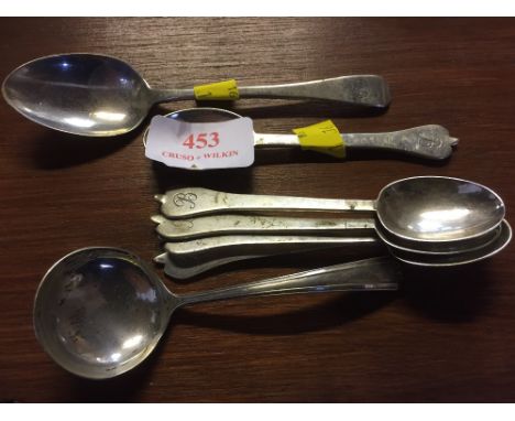 5 MATCHING SILVER TEASPOONS + SMALL SILVER LADLE AND SILVER TEASPOON