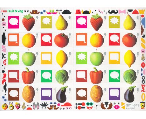 Fun Fruit and Veg (Smilers) First Edition Stamp Sheet featuring Fun Fruit and Veg and Stickers to create faces with 20 x 1st 