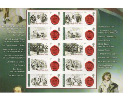 Charles Dickens First Edition Stamp Sheet featuring The Works of Charles Dickens with 10 x 1st Class Stamps good condition. W