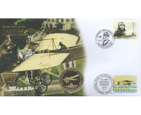 The First Aerial Post, Coin Cover / Medal First Day Cover (Buckingham Covers) Celebrating Gustav Hamel carrying The First Aer