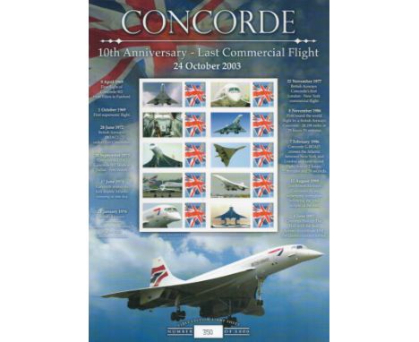 Concorde 10th Anniversary Last Commercial Flight Limited and First Edition Stamp Sheet featuring Concorde's Last Commercial F