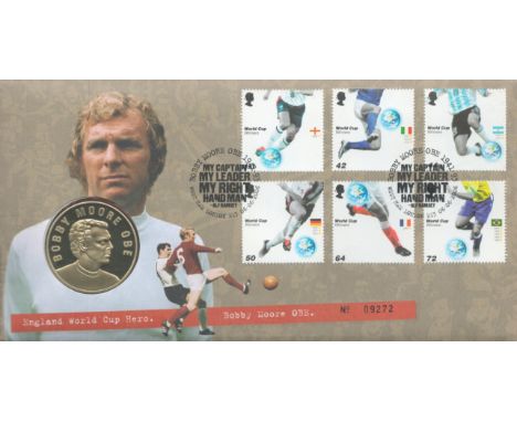 England World Cup Hero. Bobby Moore OBE Coin Cover / Medal First Day Cover (Royal Mail) Celebrating Bobby Moore OBE Dated 6th