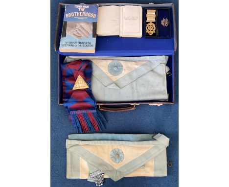 Masonic Items Collection in a small suitcase, include A Masonic Apron with Seven Chains each with a ball on the end on each s