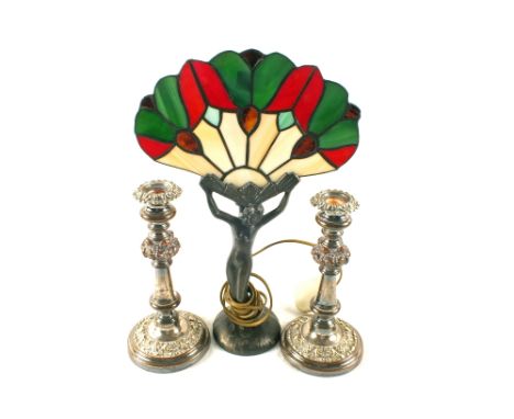 A reproduction Art Deco table lamp and pair of Silver plate on Copper candlesticks