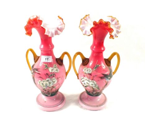 A pair of Victorian pink opal glass bird and floral vases, height 13"