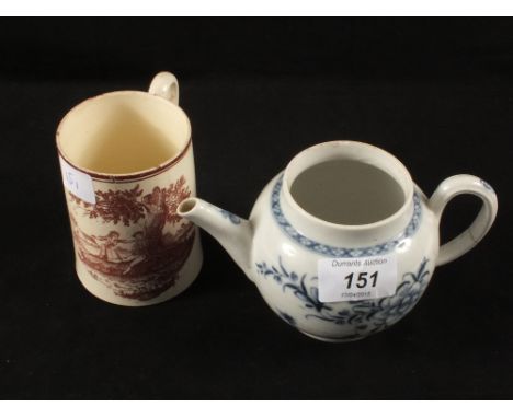 An 18th Century English blue and white floral teapot (handle crack) and a Creamware tankard with puce print of a courting cou