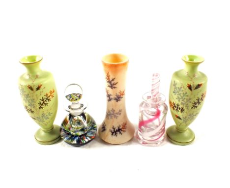 A pair of Victorian green opal glass vases and one other, plus a Caithness paperweight inkwell and one other