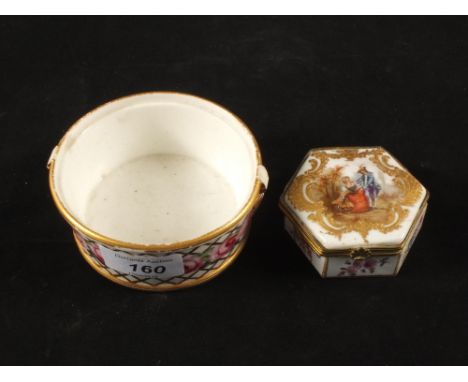 A Sevres porcelain hexagonal trinket box (mark partially erased) and a Derby rose painted pot (as found)