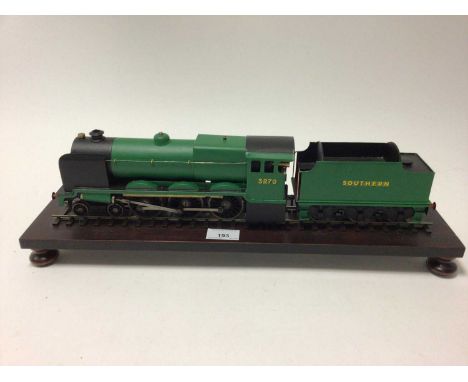 O gauge 4-6-0 Southern Railway locomotive and tender 3770, repainted in green and black livery, mounted on wooden plinth and 