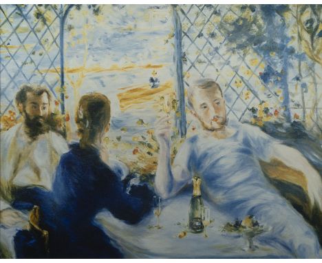 Reproduction after a painting by Auguste Renoir, Lunch at the Restaurant Fournaise (The Rower's Lunch) with a dummy champagne