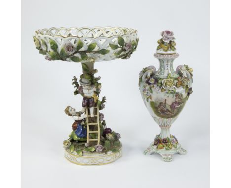 German porcelain table piece Plaue Thuringen (2-piece) of a boy and girl on a ladder with raised flowers and a porcelain potp