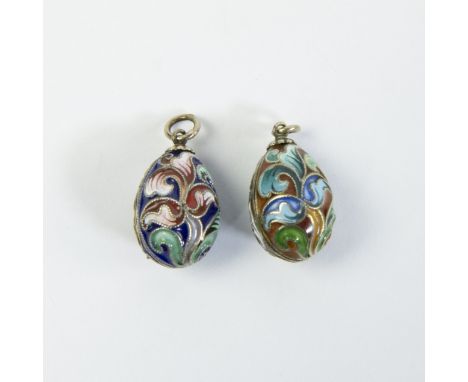 A pair of Russian silver Easter egg pendant decorated with polychrome enamel on filigree,  marked with a Russian Silver hallm