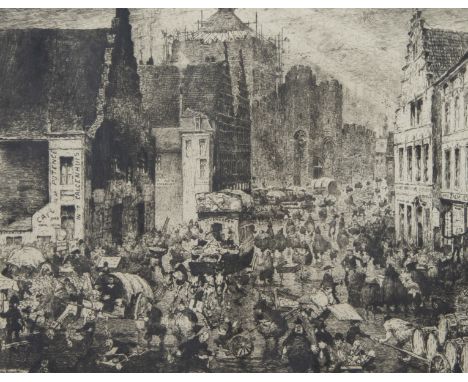 Jules DE BRUYCKER (1870-1945), etching Jour de marché à Gand, titled and signedJules DE BRUYCKER (1870-1945), ets Jour de mar