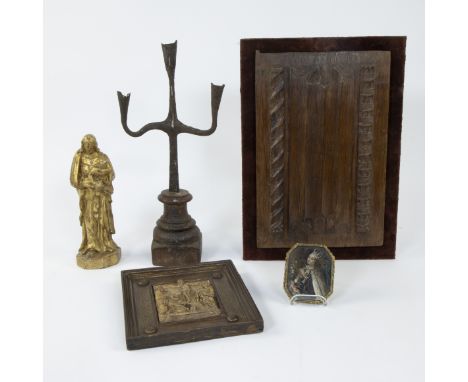 Collection of religious items, 18th century gilded madonna, Gothic panel, frame with wax tableau, oil on copper 17th century 