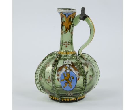 Bohemian glass decanter with coats of arms and enamel decoration, 19th century after 17th century modelBoheemse glazen karaf 