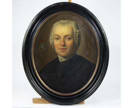 18th century oil on canvas marouffled on panel Portrait of a cardinal, coat of arms and motto 'Vertutis'18e eeuws olie op doe