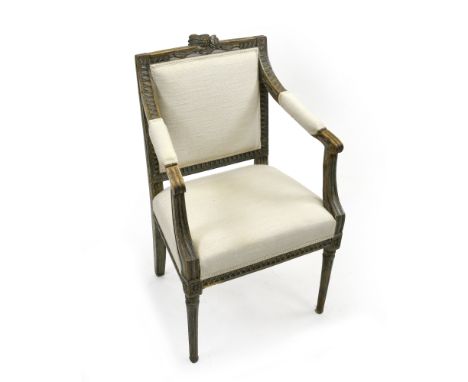 Louis XVI-Fauteuilwohl Italien, um 178093 x 58 x 50 cmGeschnitzt mit Resten von Fassung. Restaurierungen, Altersschäden, Ergä