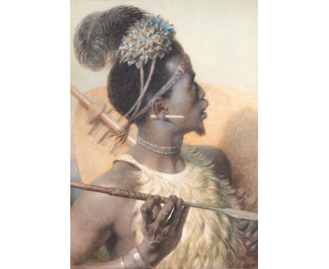 Carl Haag (1820-1915) - The Assegai thrower Watercolour, heightened with bodycolour and scratching-out Signed and dated   188