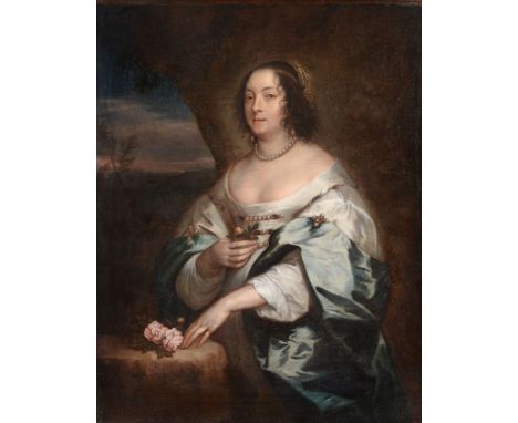 Follower of Sir Anthony van Dyck (1599-1641) - Portrait of Diana Cecil, Countess of Oxford, standing in a white silk gown wit