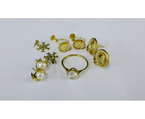 9 carat gold paste set dress ring, 9 carat gold hoop earrings, 9 carat gold framed Cameo earrings and a further two pairs of 