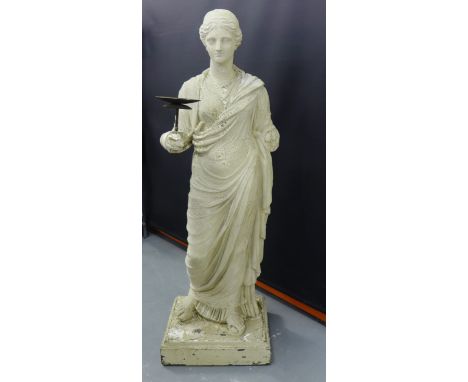 Early 19th century painted plaster figure torchere in the manner of Humphrey Hopper of a classical maiden modelled standing o