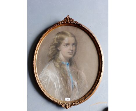 Female head and shoulder pastel portrait, in ornate oval gilt frame, with Aitken and Dott label verso, 48 x 60cm